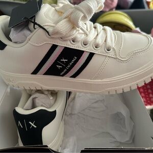 A/X Armani Exchange White Sneakers with Black & Pink Stripes